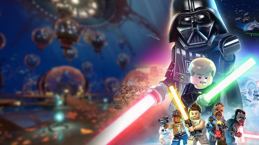 LEGO Darth Vader looms over Luke, Rey, and Finn in a cinematic Star Wars scene with glowing lightsabers.