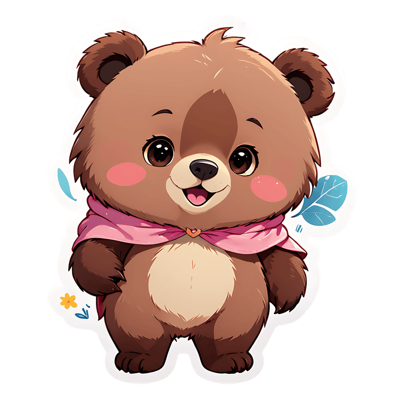 Brown bear sticker illustration with a pink heart scarf, fluffy fur, and glossy eyes facing the viewer.