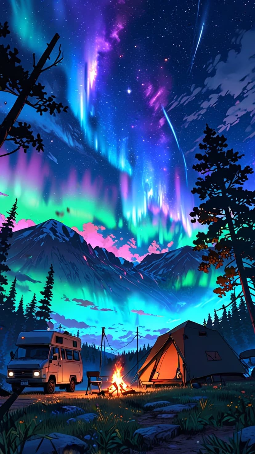 A glowing orange tent and RV sit beneath jagged mountains and a swirling purple and green Aurora Borealis.