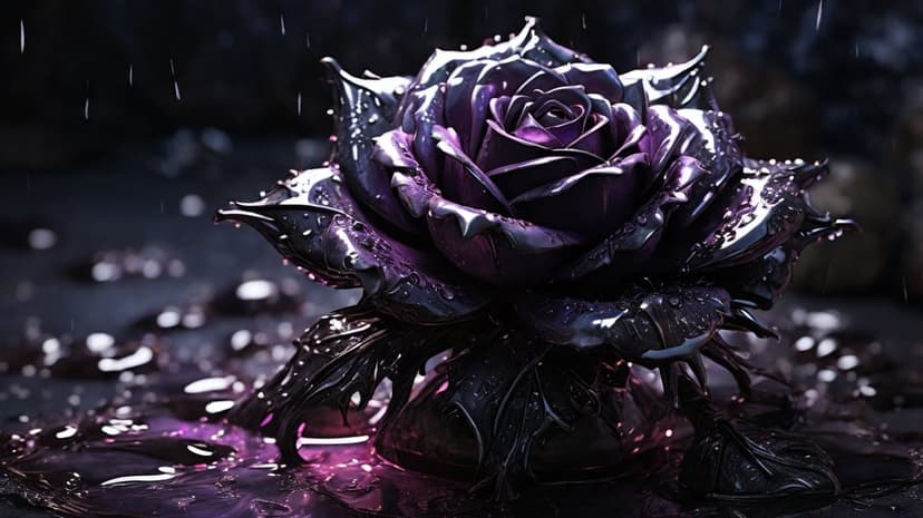 Deep violet rose petals covered in shimmering raindrops against a shadowy, atmospheric background.