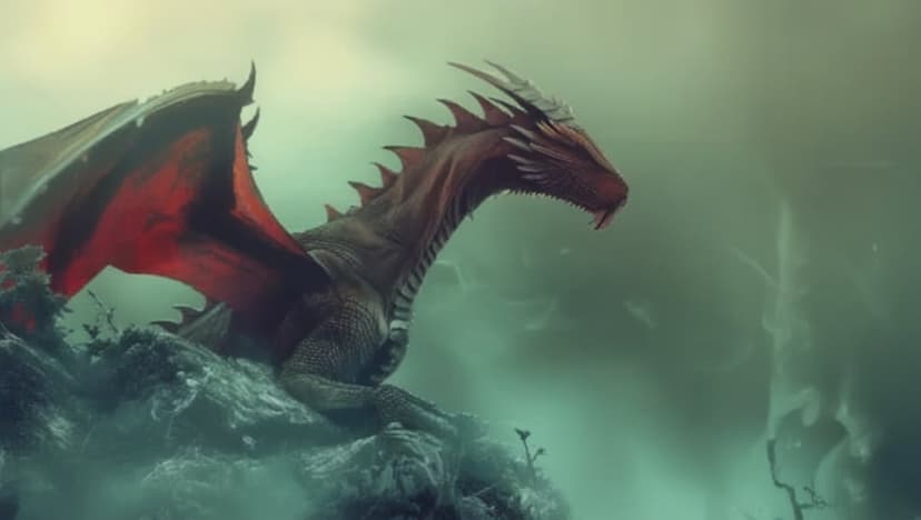 Crimson dragon with large wings and sharp horns rests on a jagged rock formation amidst swirling green mist.