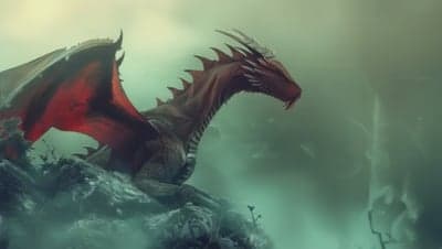 Majestic Red Dragon Rests on Misty Rocky Outcropping