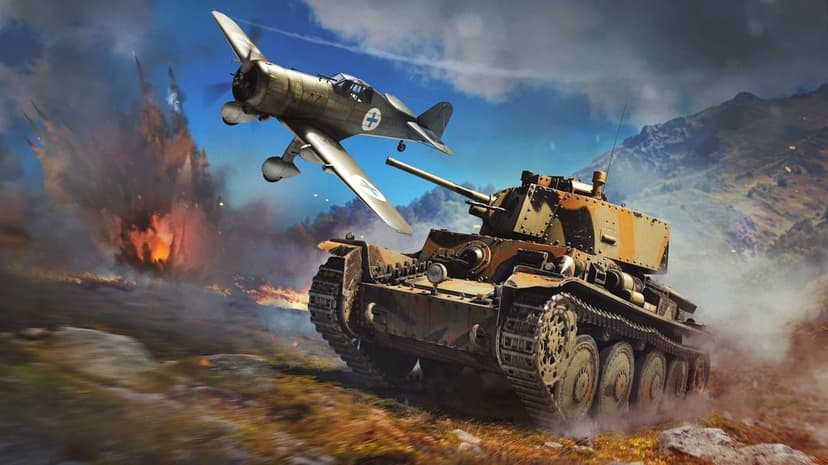 A tank moves across rocky ground while a vintage fighter plane flies past a large explosion in the sky.