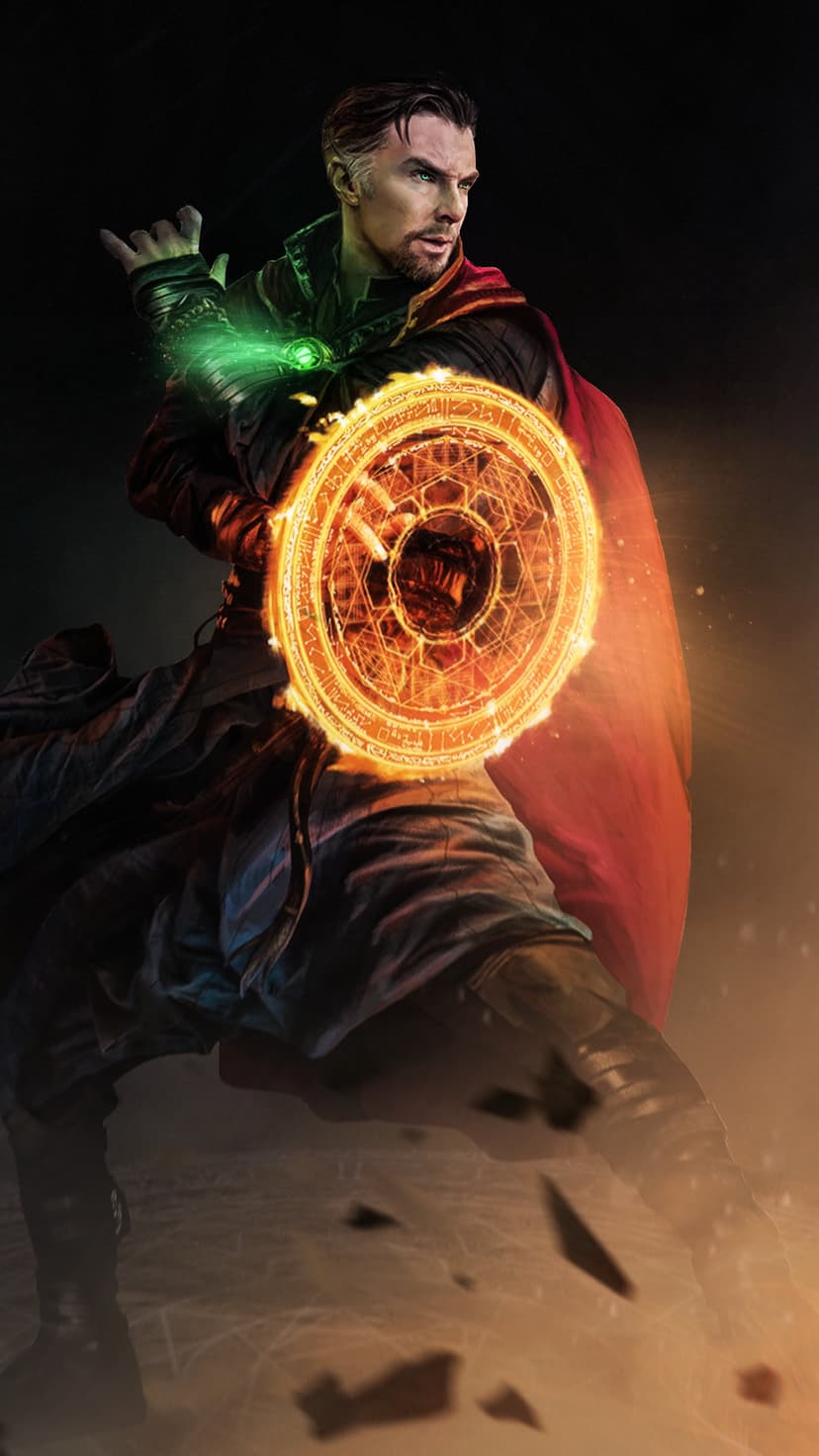 Doctor Strange casts an orange circular spell while the green Eye of Agamotto glows on his ornate tunic and cloak.