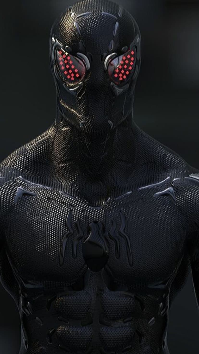 Spider-Man wearing a black textured suit with red pixelated lenses on his mask in a detailed vertical close-up.