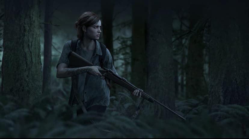 Young woman with a tattoo and rifle standing alert in a dark, moody forest surrounded by ferns and tall trees.