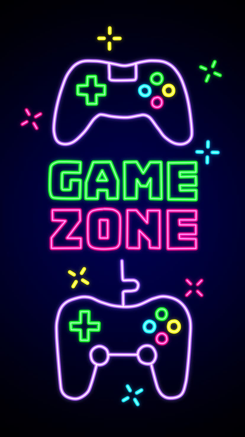 Neon Game Zone sign with glowing pink and green arcade controllers against a dark background in portrait view.