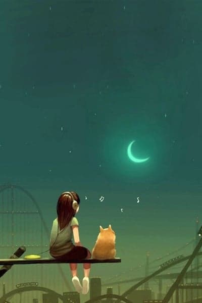 Girl and Dog Listen to Music Under Crescent Moon