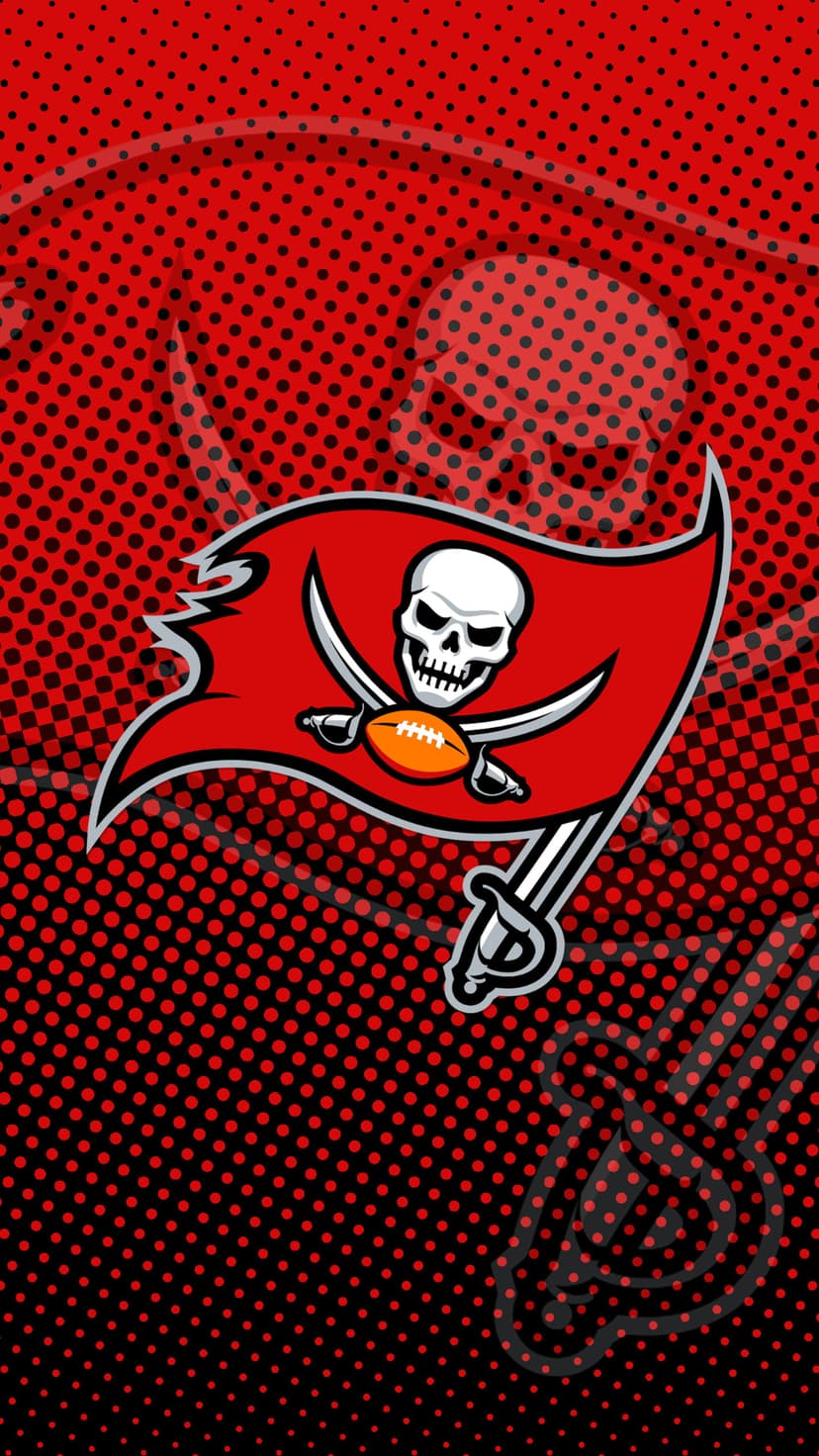 Buccaneer skull logo with crossed sabers and football over a red and black halftone dot textured background.