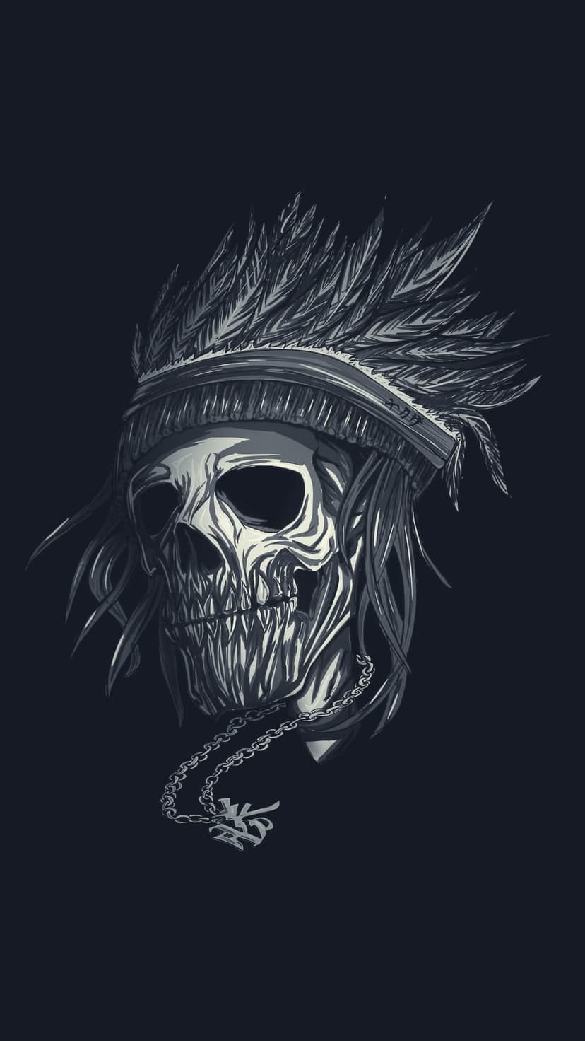 Human skull wearing a dense feather headdress and heavy silver chain necklace set against a dark background.