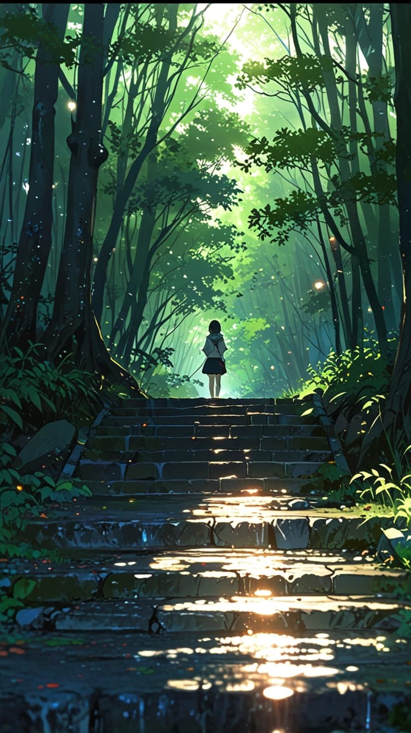 Young girl stands on mossy stone steps as golden sunlight filters through dense green forest tree branches.