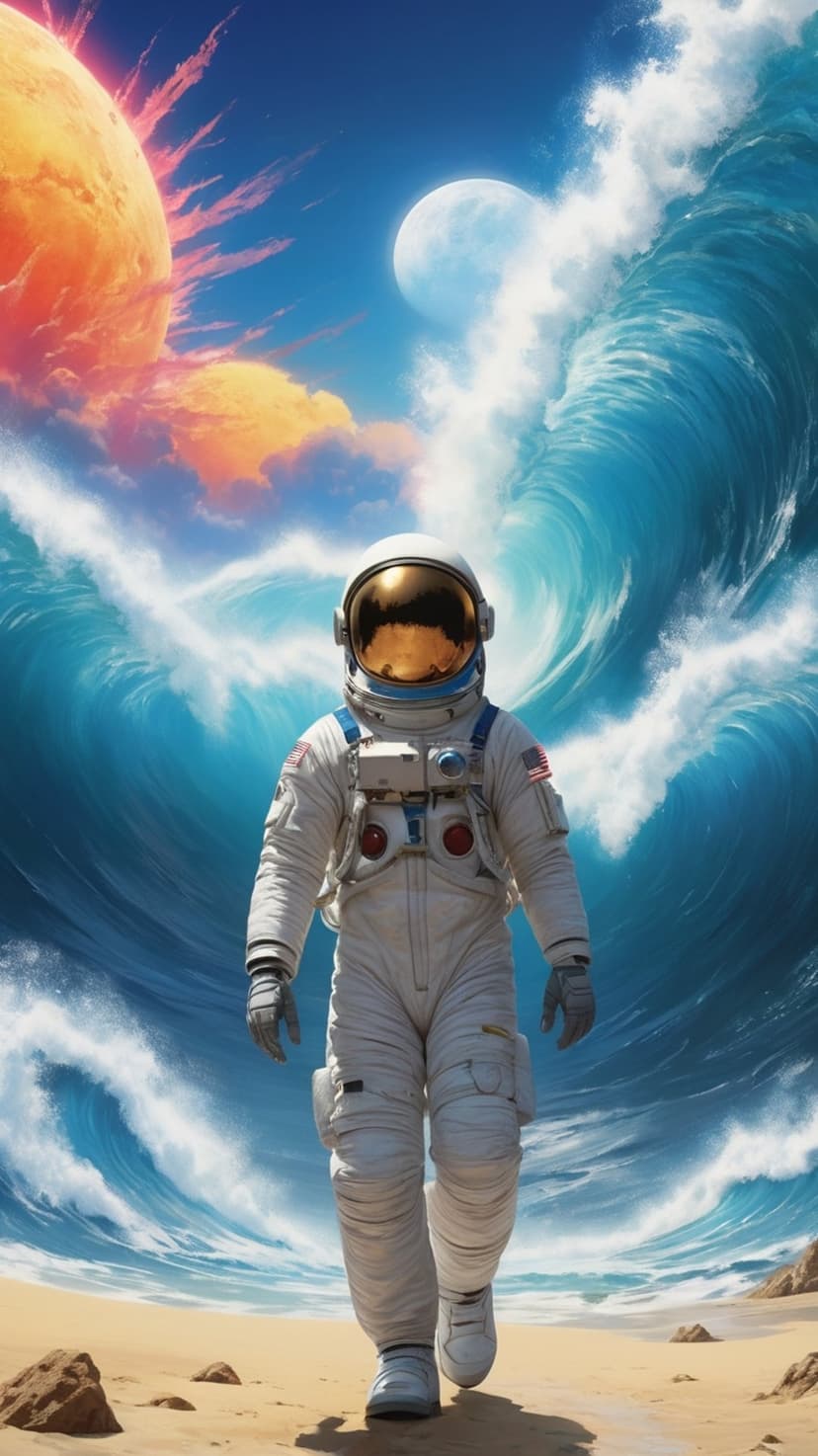 Astronaut in a white suit walks on a sandy beach as massive blue waves crash under two celestial planets.