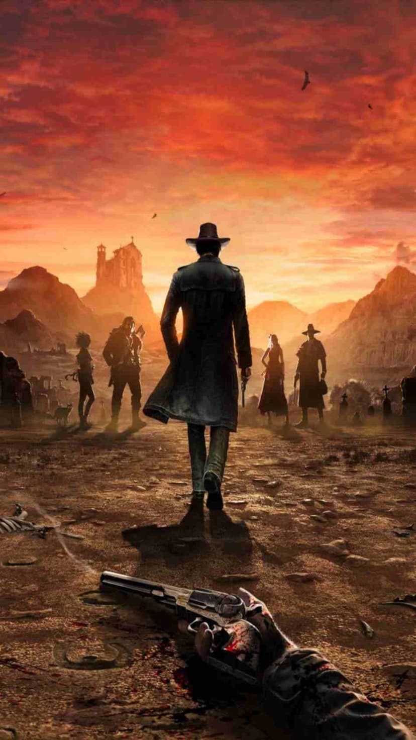 Cowboys in long coats walk past tombstones under a fiery sunset sky with a pistol lying in the foreground dirt.