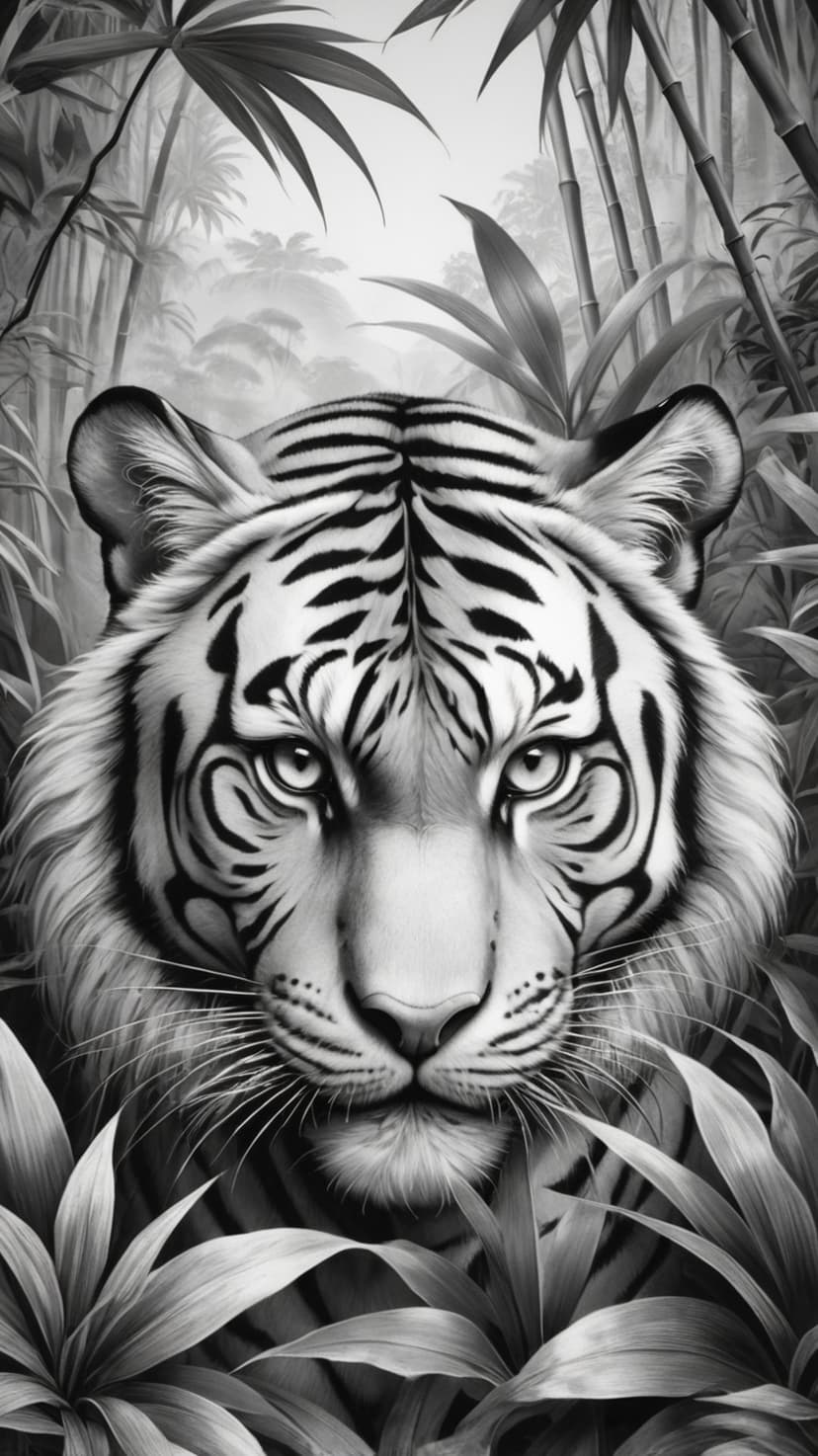 White tiger face with black stripes emerging from dark bamboo and tropical leaves in a grayscale wildlife scene.