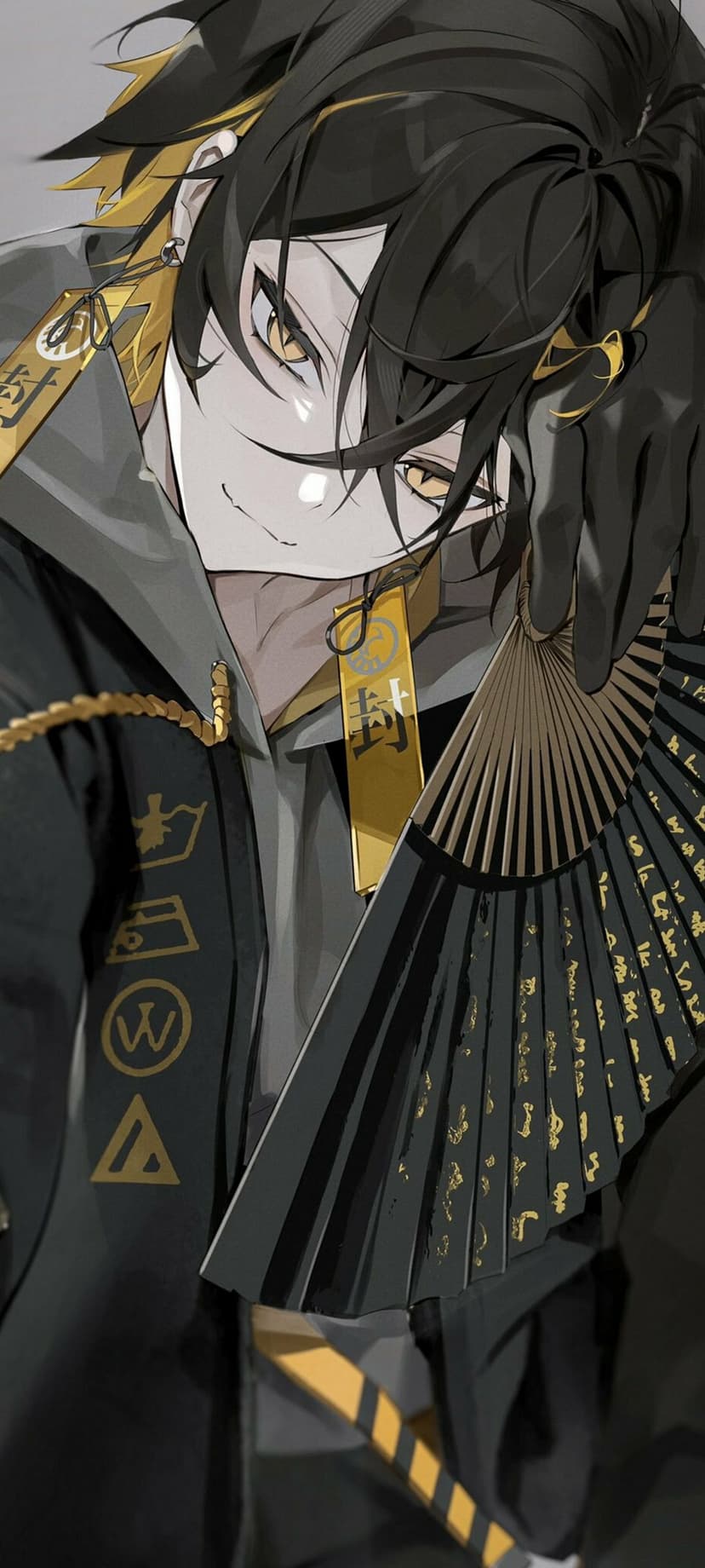Black-haired anime character with yellow eyes holds a gold-accented fan while wearing a dark hooded jacket.