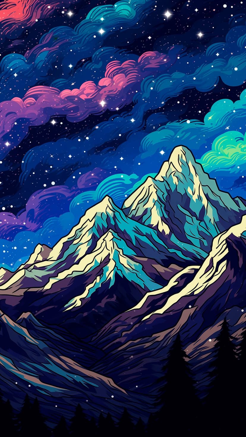 Snow-capped mountain peaks stand beneath a swirling galaxy of pink and teal nebulae and bright stars in the night.