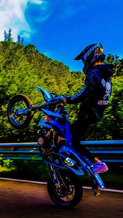 Motorcyclist doing a wheelie on a blue sportbike