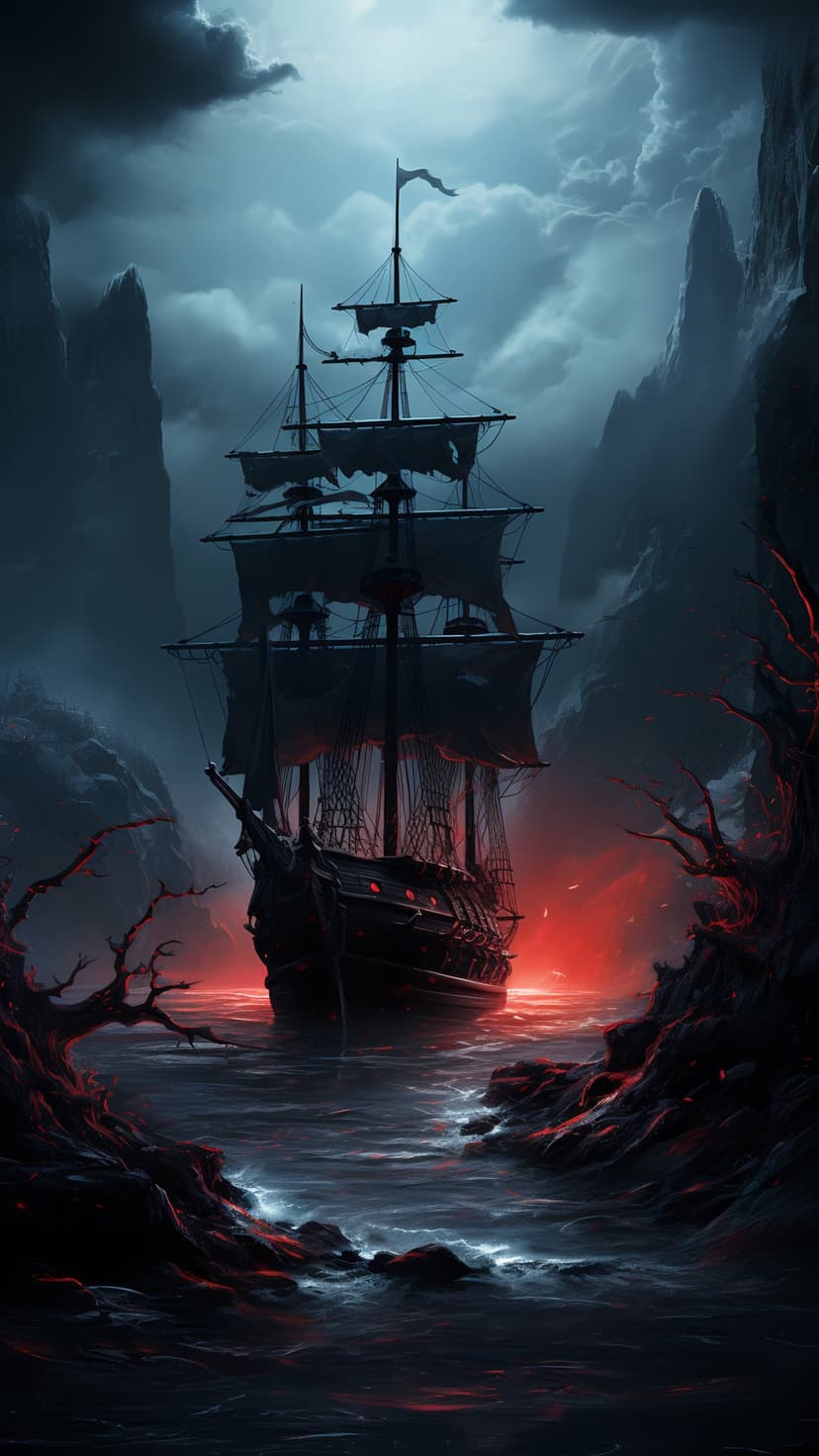 Spectral pirate ship with tattered sails glides through crimson-lit fog between jagged dark cliffs at night.