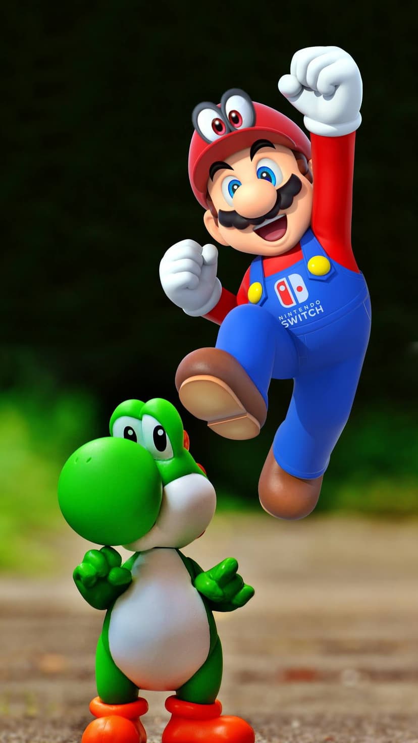 Mario leaps heroically over a green Yoshi against a bright backdrop, featuring high-contrast gaming visuals.