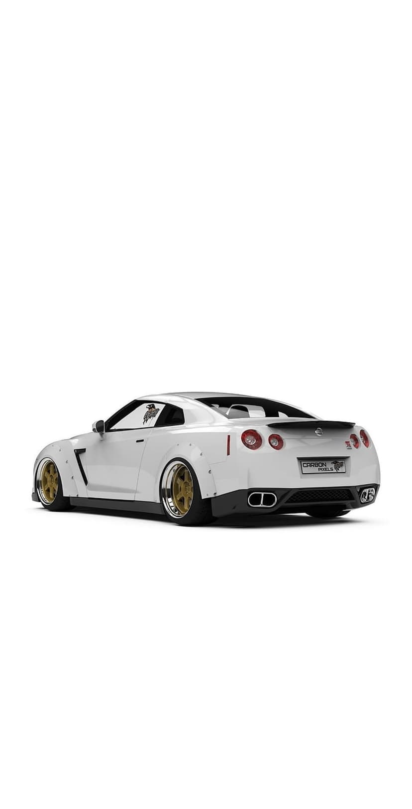 Nissan GT-R rear view showing a white widebody kit, carbon fiber wing, and deep-dish gold rims on asphalt.