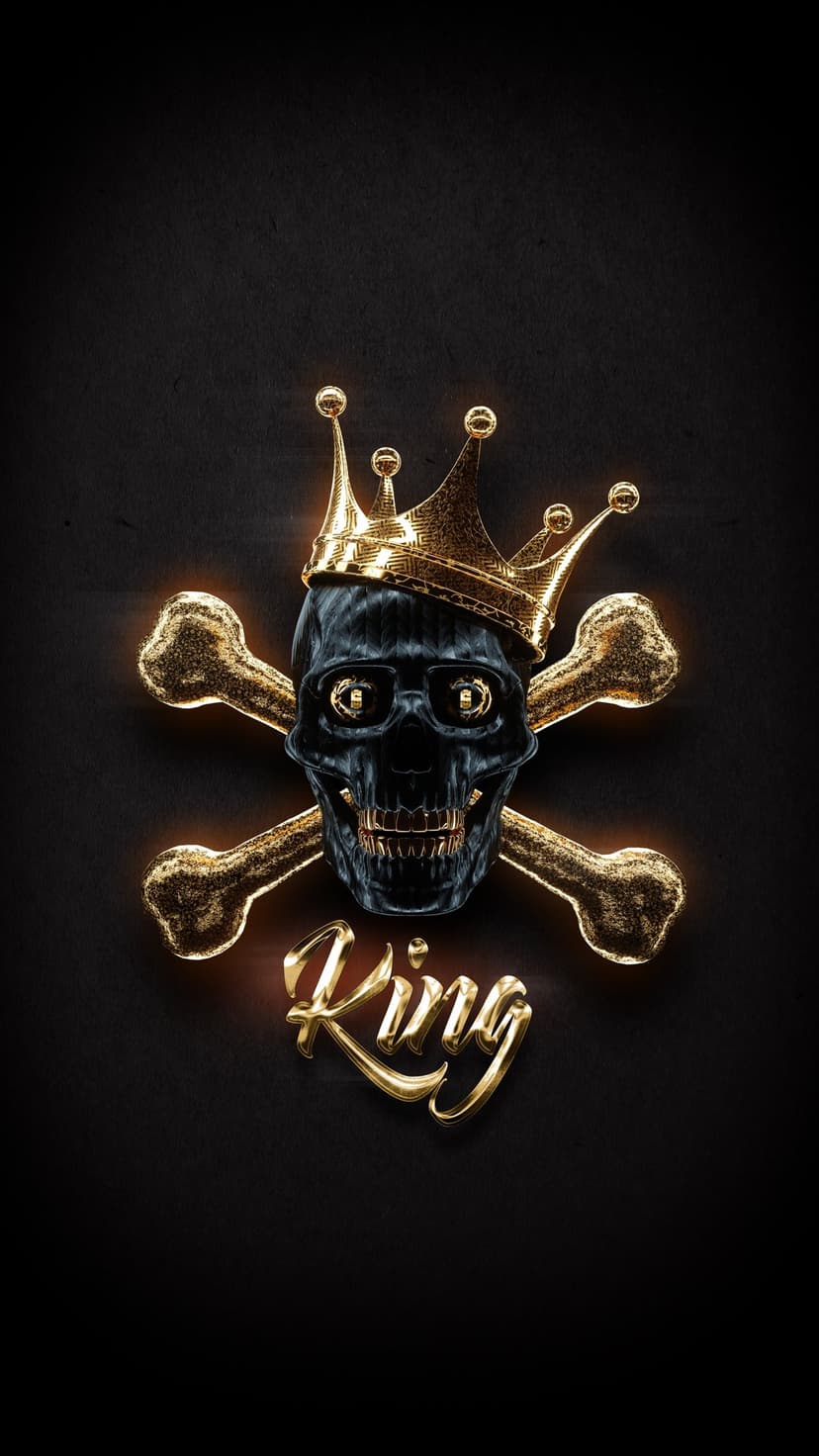 Metallic black skull wearing a gold crown and glasses with golden crossbones on a dark textured background.