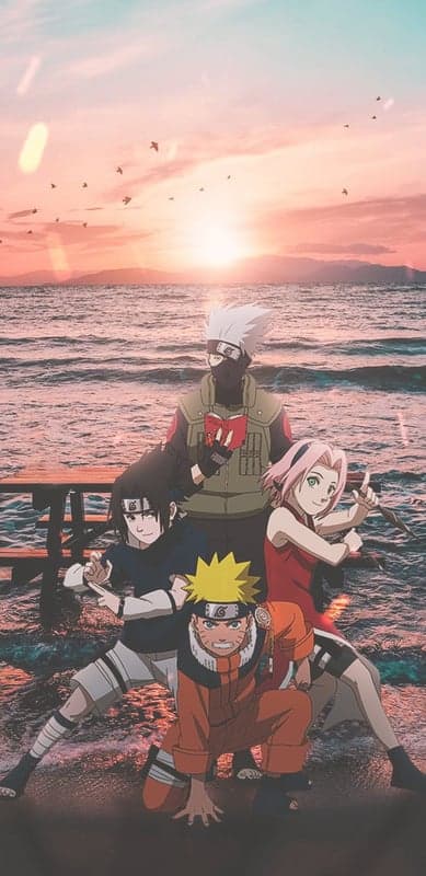 Naruto, Sasuke, Sakura, and Kakashi on Beach Sunset
