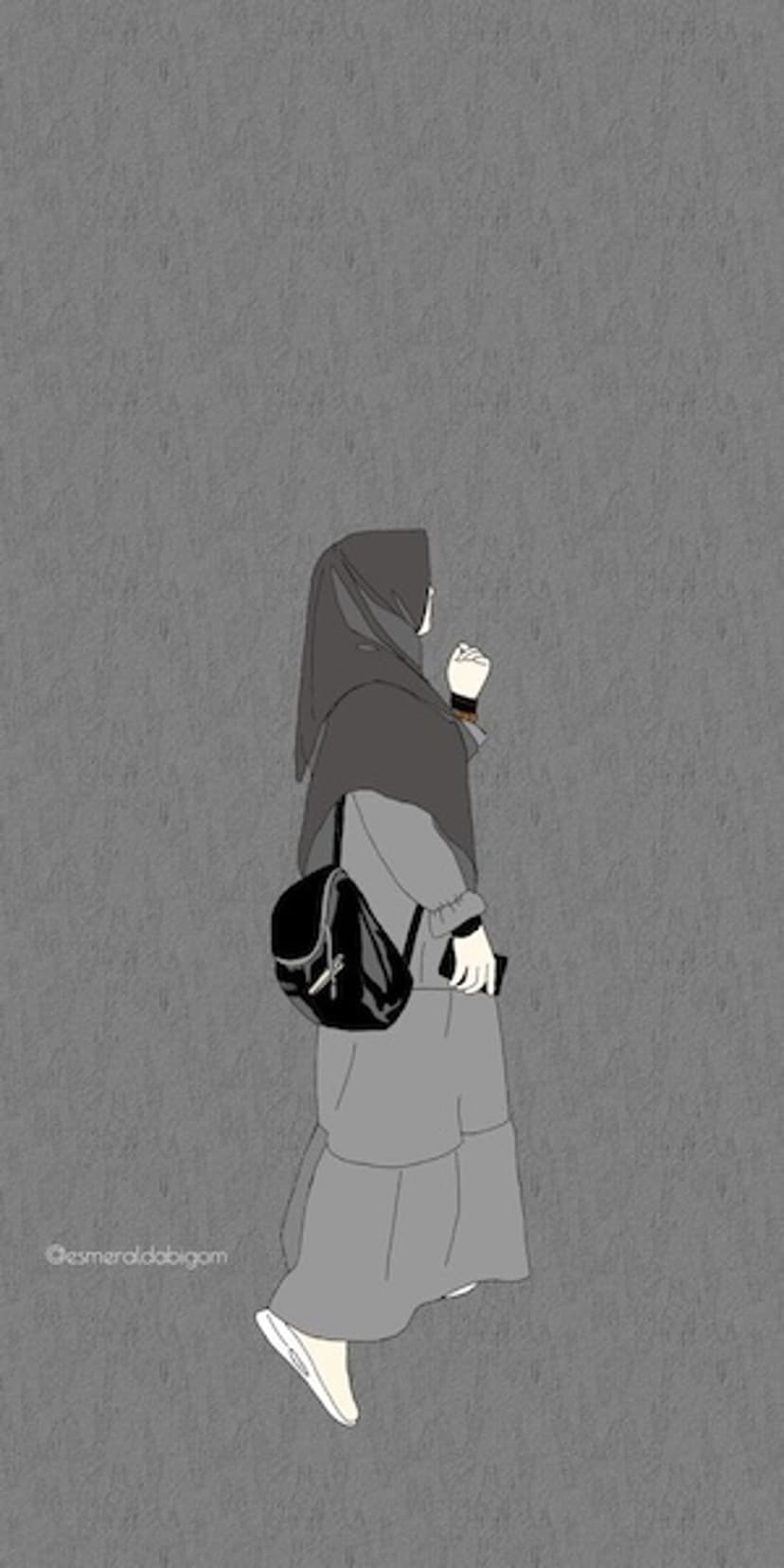 Muslim woman in a grey hijab and dress carries a black backpack while holding a phone against a textured background.