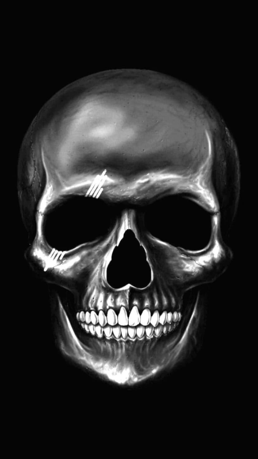Human skull with deep eye sockets and jagged white lines across the forehead against a solid black backdrop.