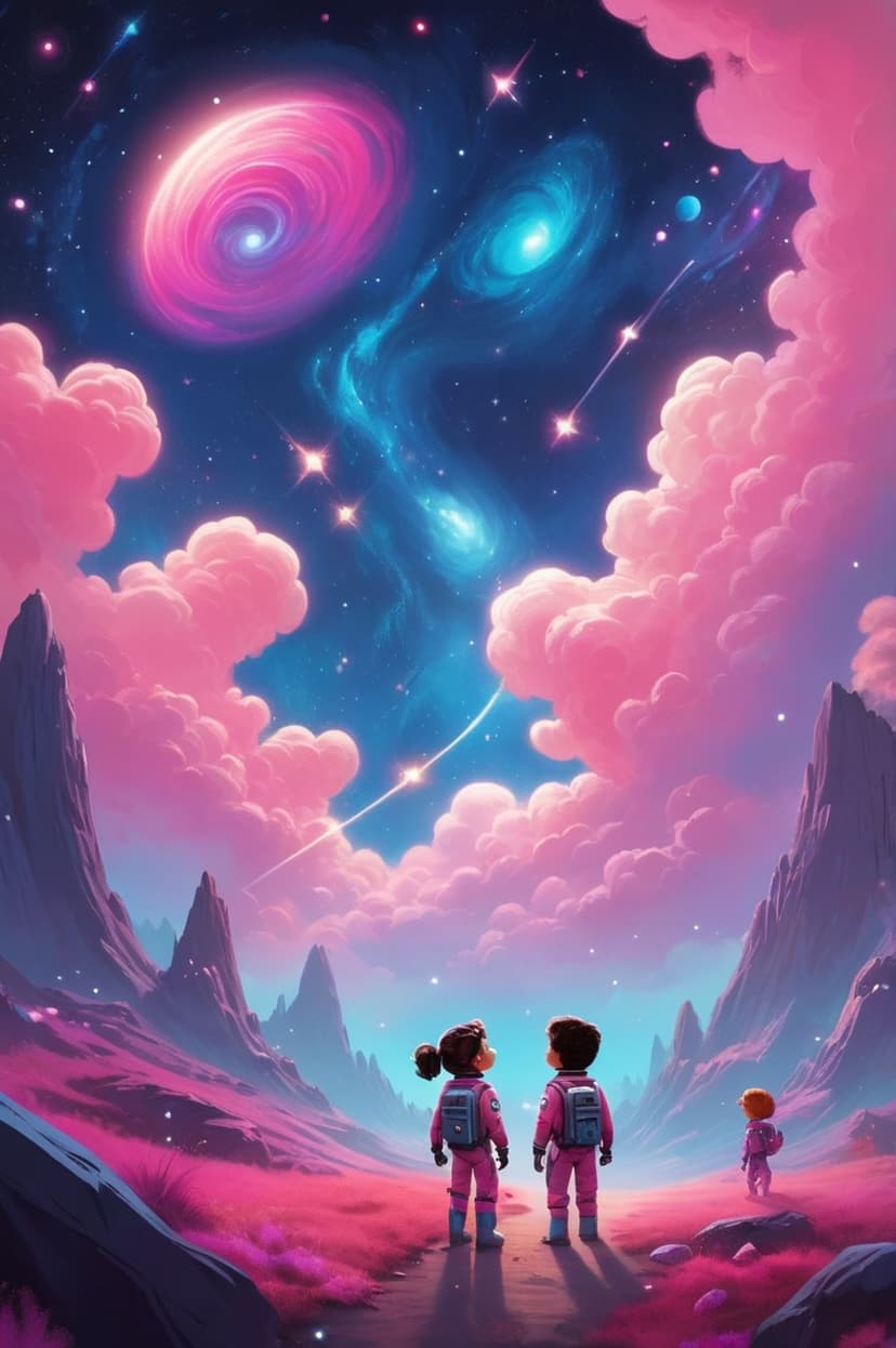 Two children in spacesuits stand on a pink planet looking at a swirling blue and fuchsia nebula sky with stars.
