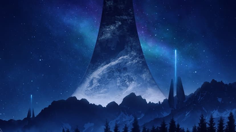 Massive Halo ring rising behind snowy mountains and pine forests under a starry night sky with blue energy beams.