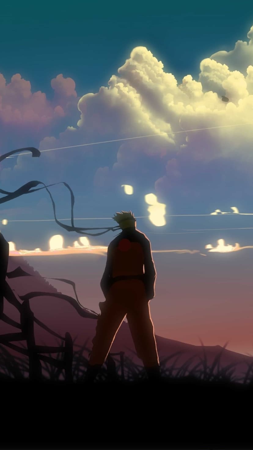 Naruto Uzumaki overlooks a vast landscape during a vibrant sunset with towering orange clouds across the sky.