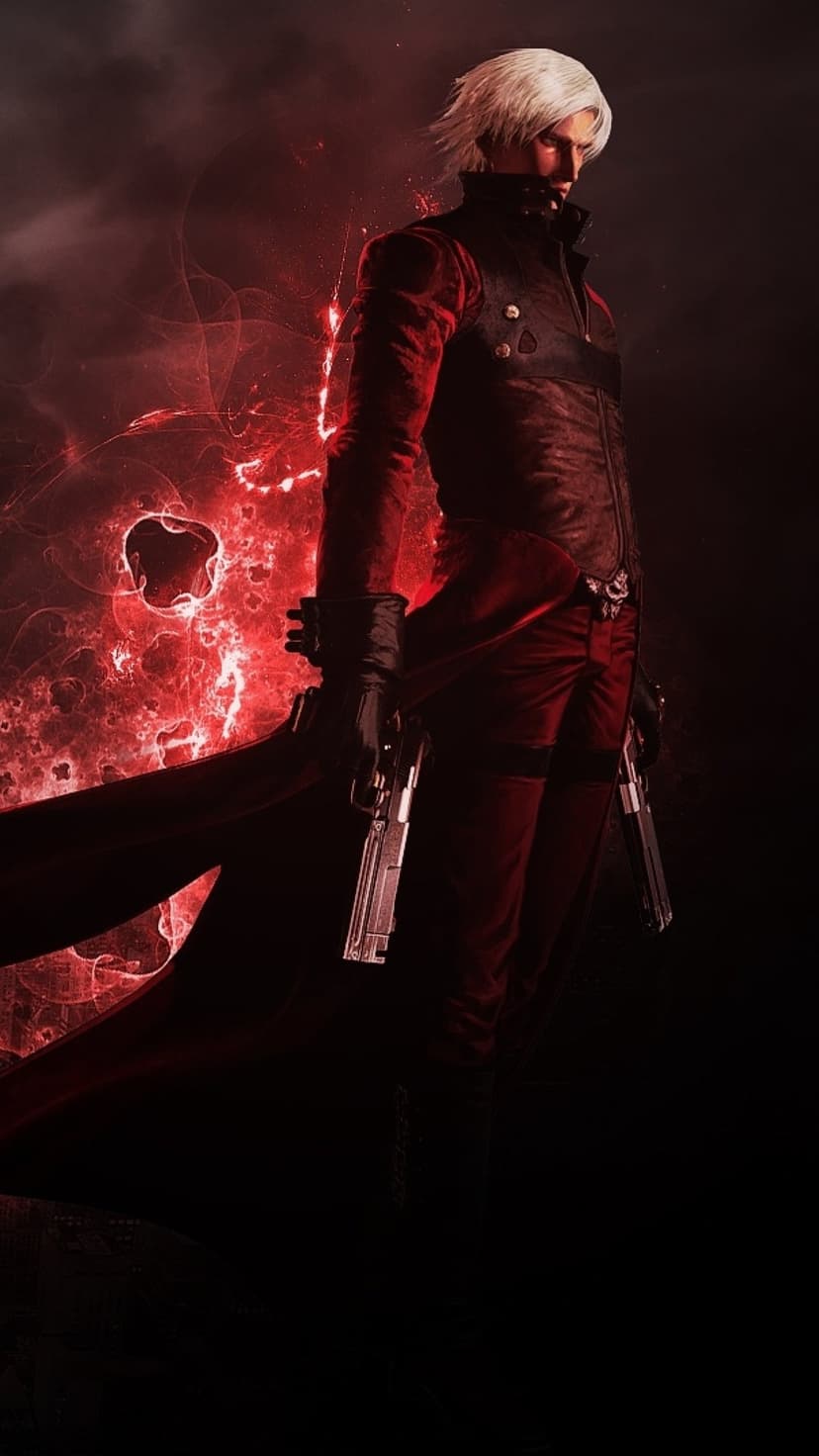 Dante in a red coat holds two pistols while surrounded by glowing red smoke and energy on a dark background.