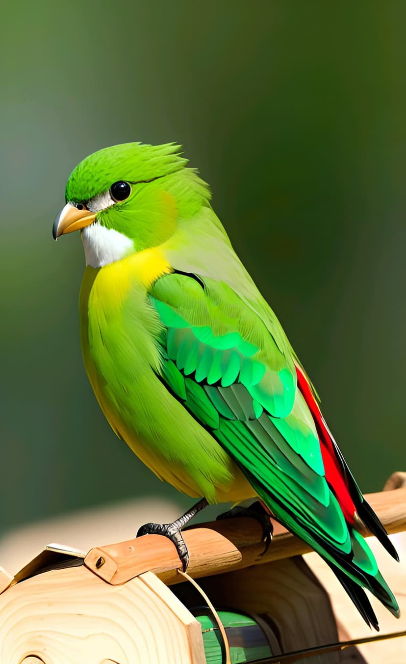 Green parrot with yellow chest markings perched on a rustic wooden beam against a soft bokeh forest background.