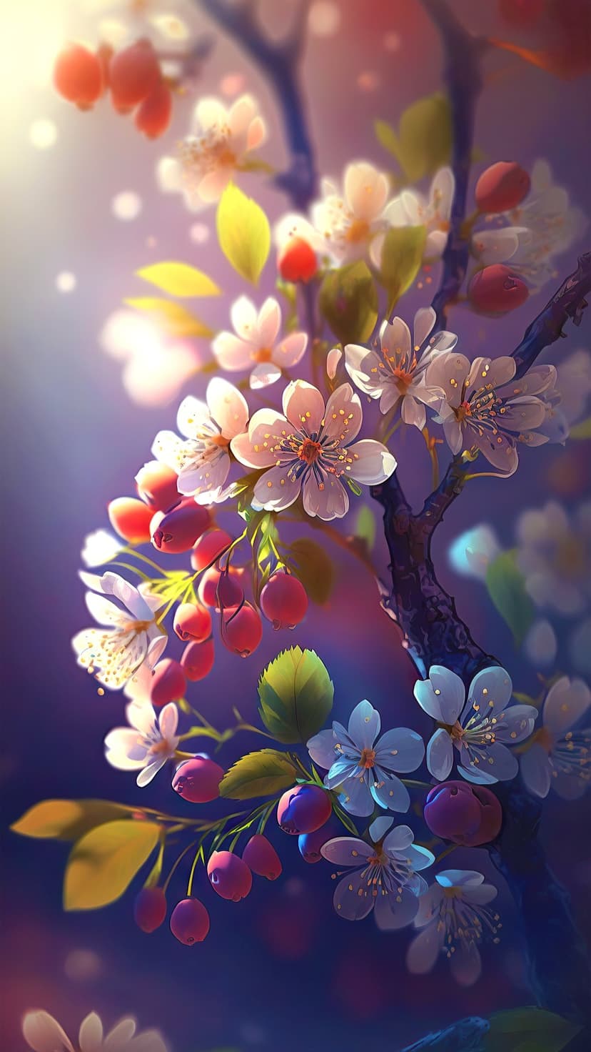 Cherry blossoms and red berries on a branch appear against a soft, glowing violet and pink blurred background.