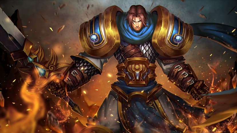 Armored knight with a blue scarf holds a glowing golden sword amidst sparks and fire on a dark battlefield.