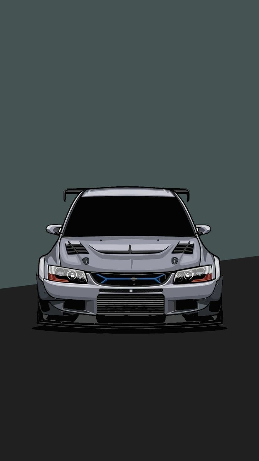 Front view of a grey modified Mitsubishi Lancer Evolution with widebody kit and vented hood on a dark background.