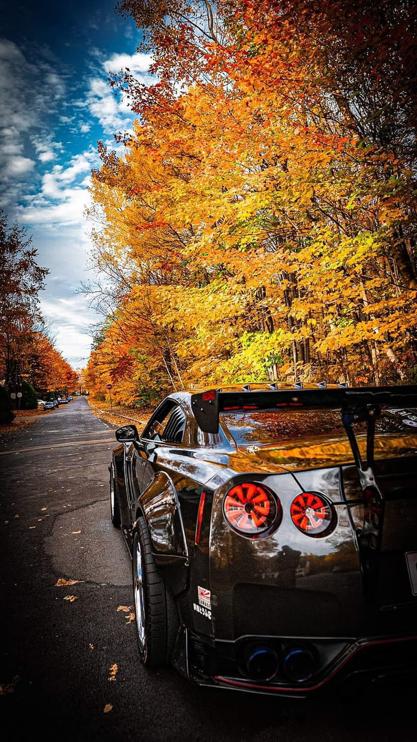 Black sports car with a rear wing drives along a road bordered by vibrant orange and yellow autumn trees.