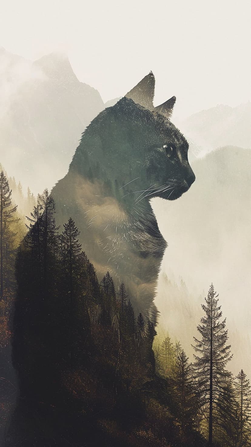 Black cat silhouette containing a foggy mountain forest with evergreen trees against a light grey background.