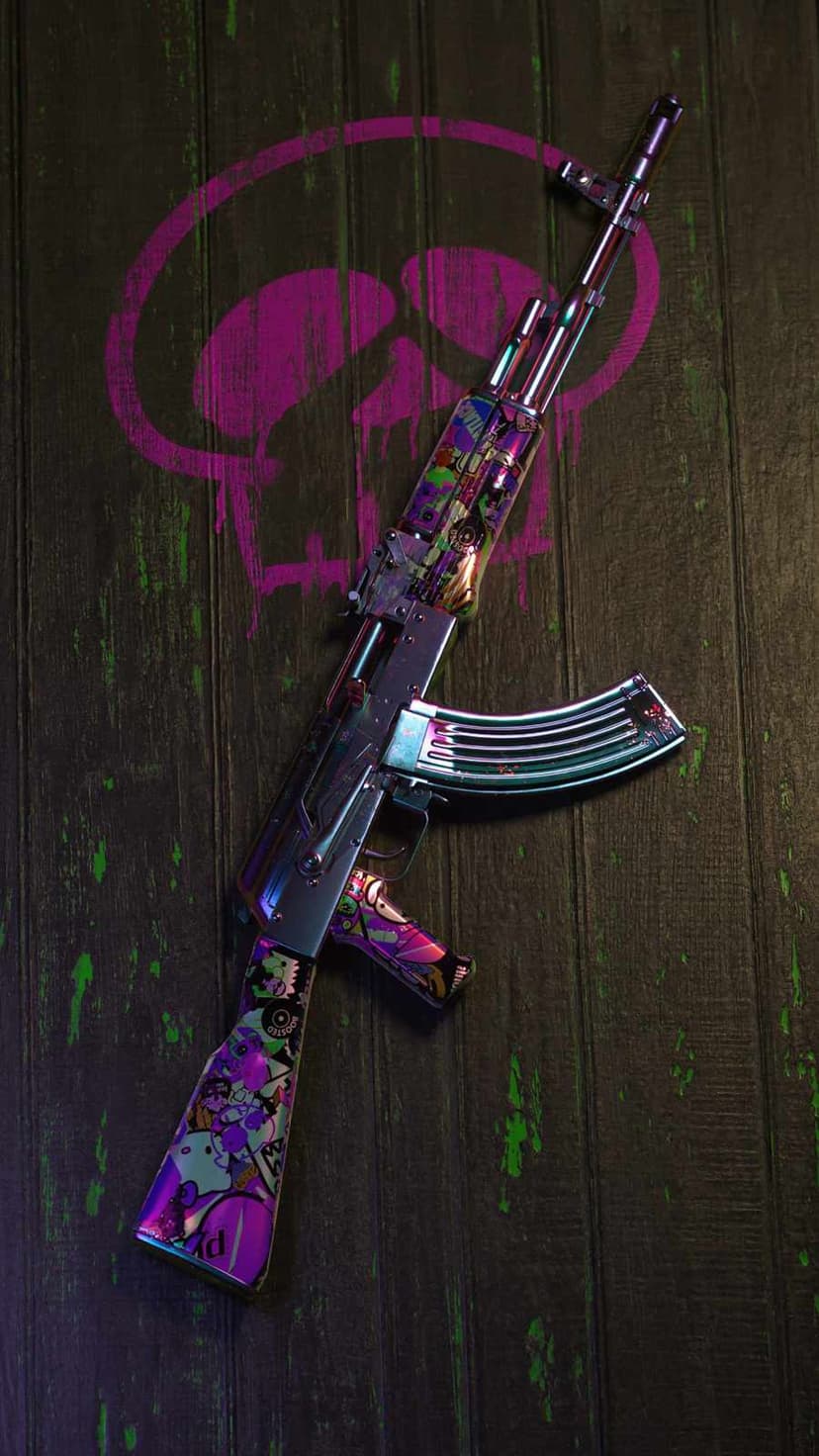 AK-47 rifle with colorful stickers against a dark wood wall featuring purple skull graffiti and green paint.