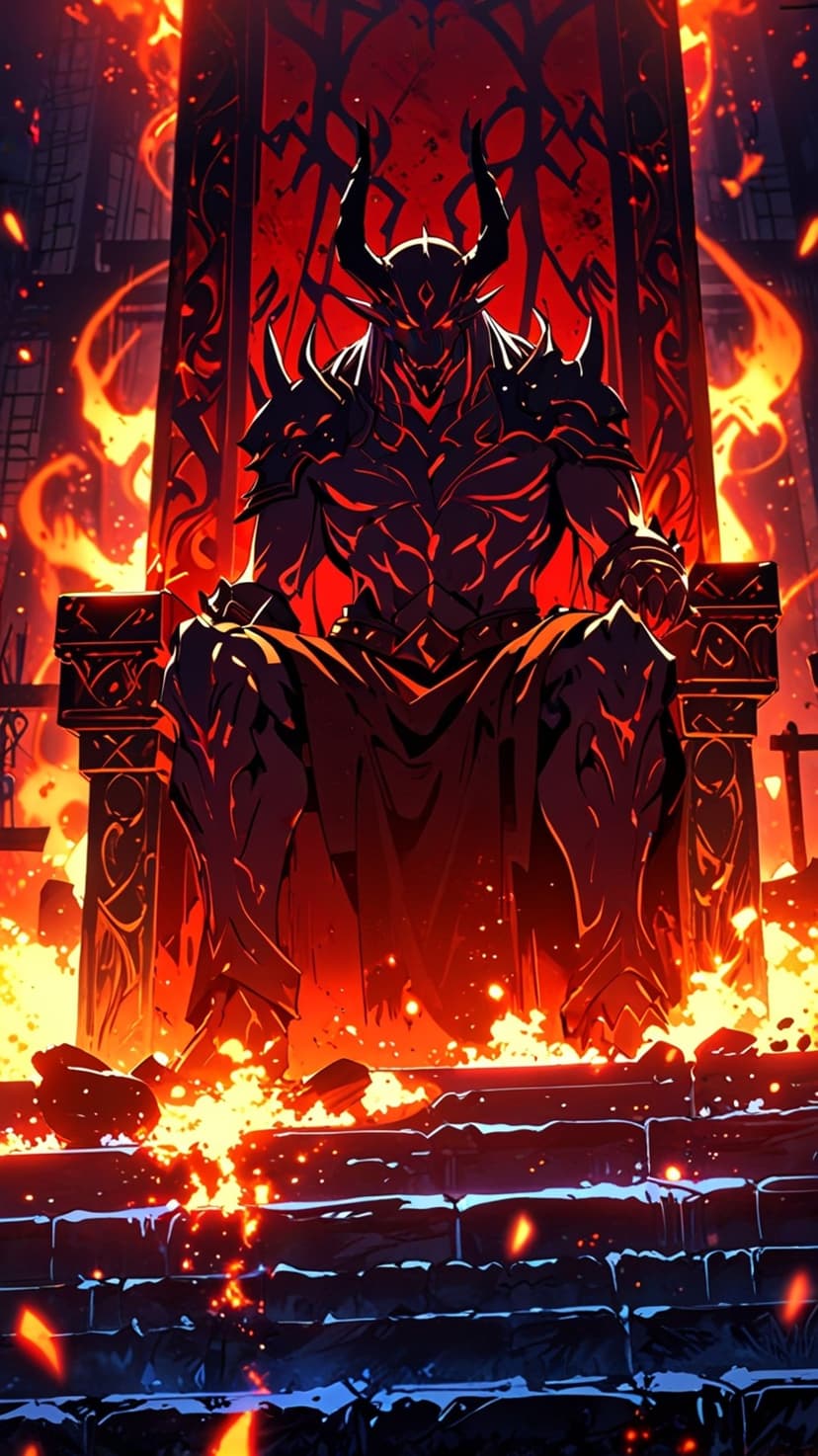 Demon king in spiked black armor sitting on a carved stone throne surrounded by rising flames and glowing embers.