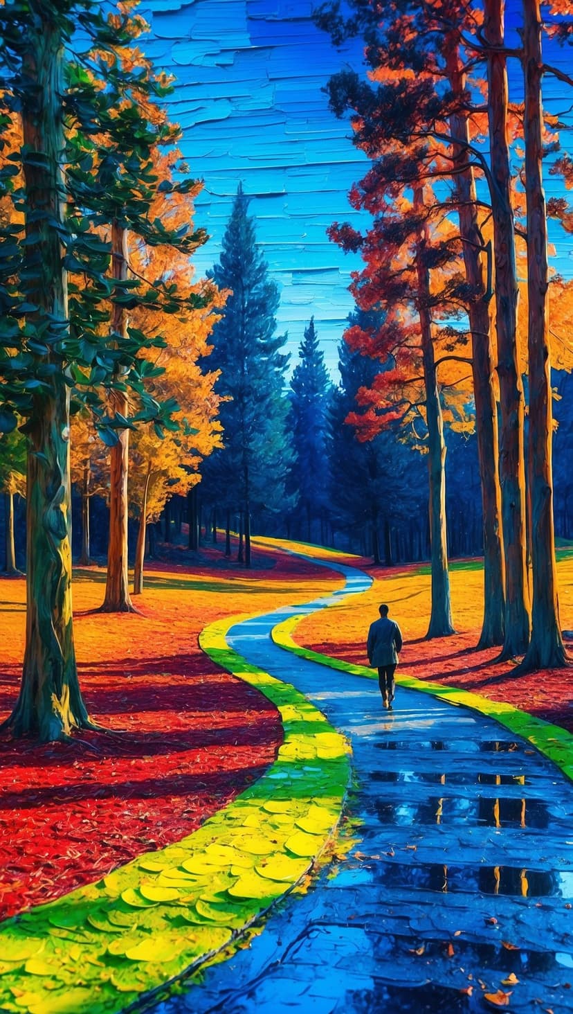 Person walking along a winding, wet forest path lined with bright orange, red, and yellow autumn tree leaves.