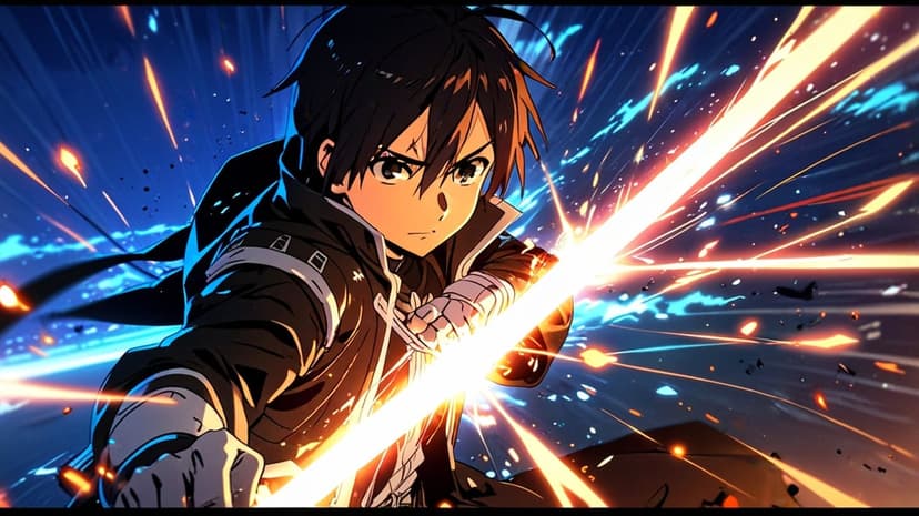 Swordsman swinging a glowing energy blade through fiery orange particles and blue light trails in combat.