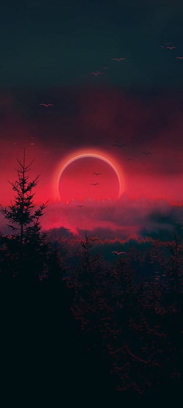 Ethereal Red Eclipse Over Dark Forest Silhouette