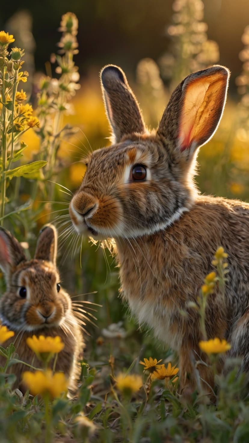 Two rabbits huddle in a field of yellow wildflowers during golden hour, their fur backlit by a setting sun.