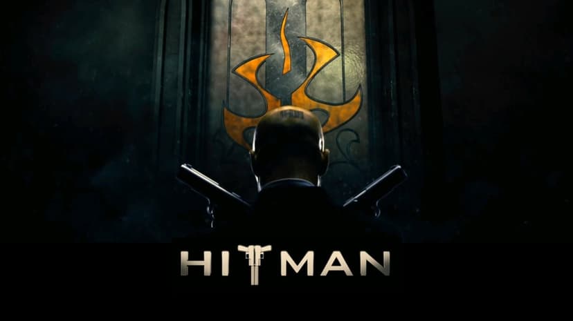 Agent 47 seen from behind holding two silver pistols against a large orange hitman insignia on a dark wall.