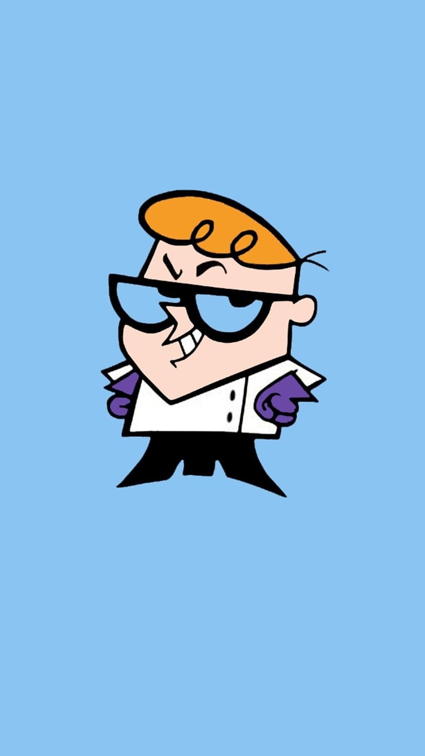 Dexter the scientist smirks while wearing purple gloves, a white lab coat, and large blue glasses on a cyan backdrop.