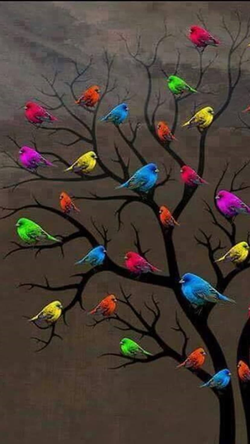 Vibrant birds in shades of red, blue, and yellow rest on dark, leafless tree branches against a textured background.