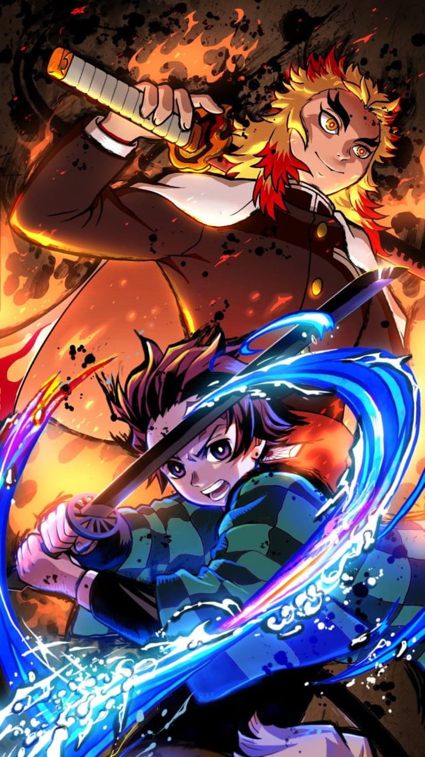 Kyojuro Rengoku and Tanjiro Kamado clash swords amid swirling orange flames and blue water currents.