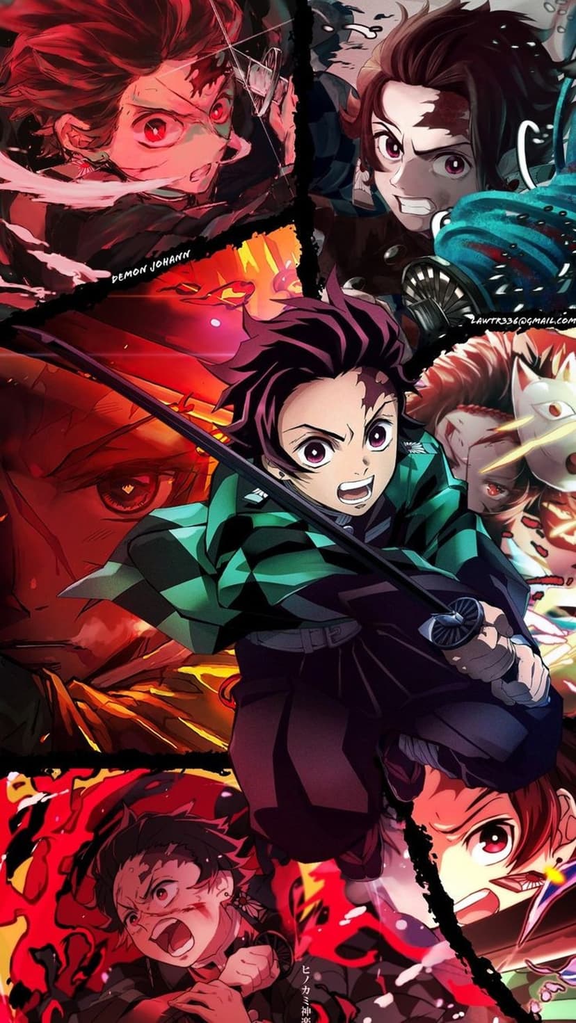 Tanjiro Kamado grips his katana alongside Nezuko amidst explosive sparks and demonic silhouettes in a vertical layout.