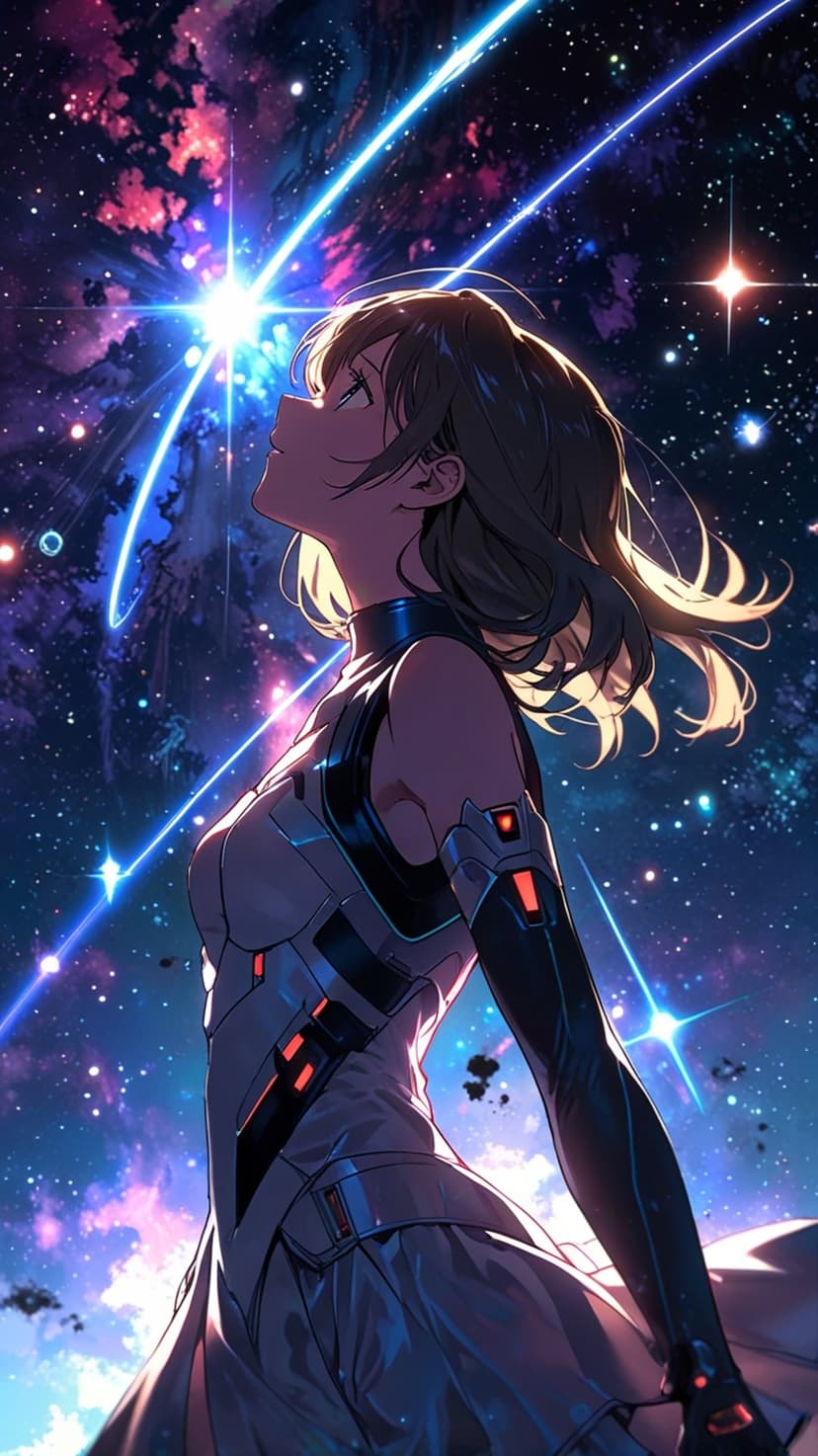 An anime woman in a sleek tech suit looks up at a swirling purple galaxy and bright stars in deep space.